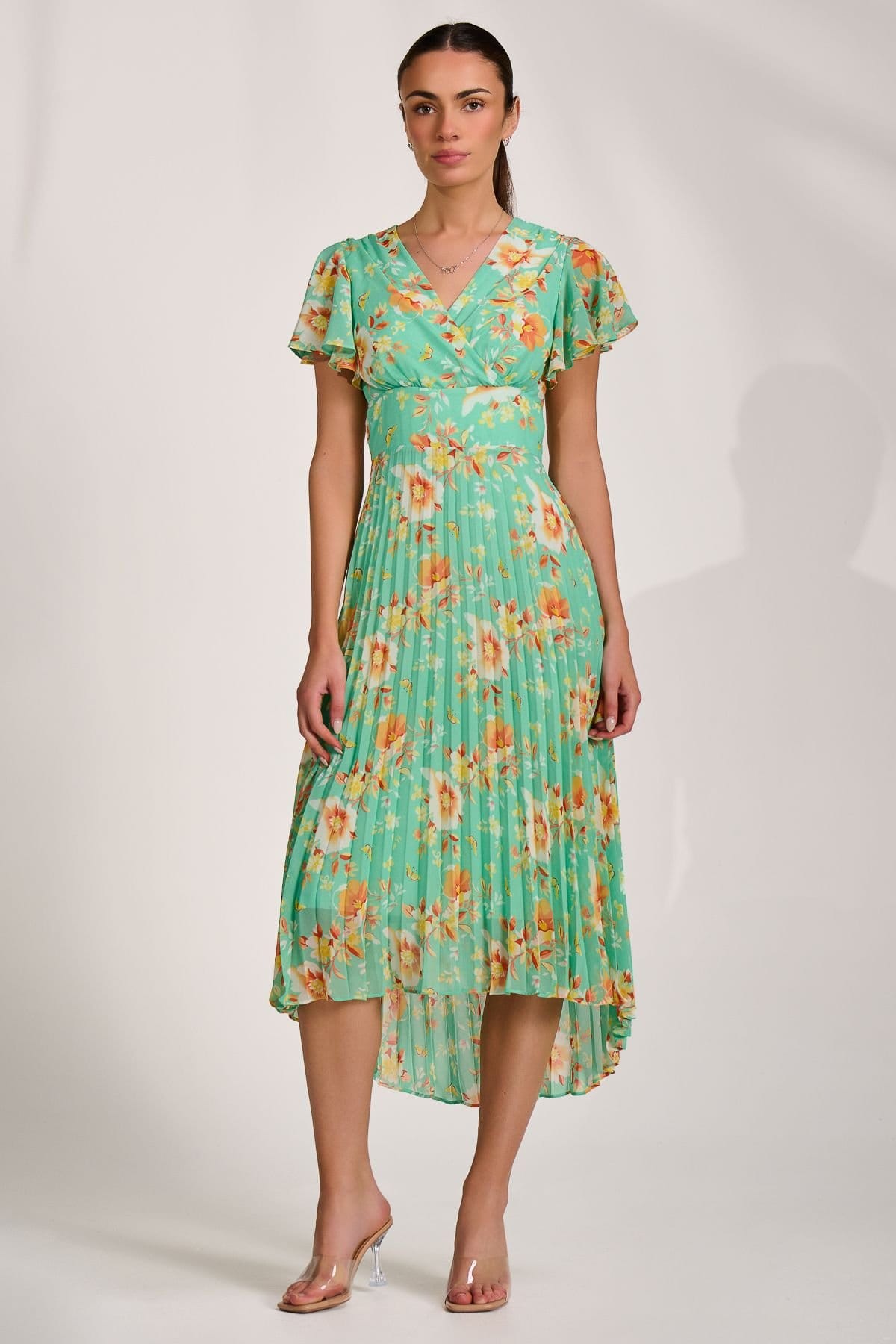 Jolie Moi Jolie Moi Women's Cap Sleeve Pleated Chiffon Maxi Dress in Bright Green - 4