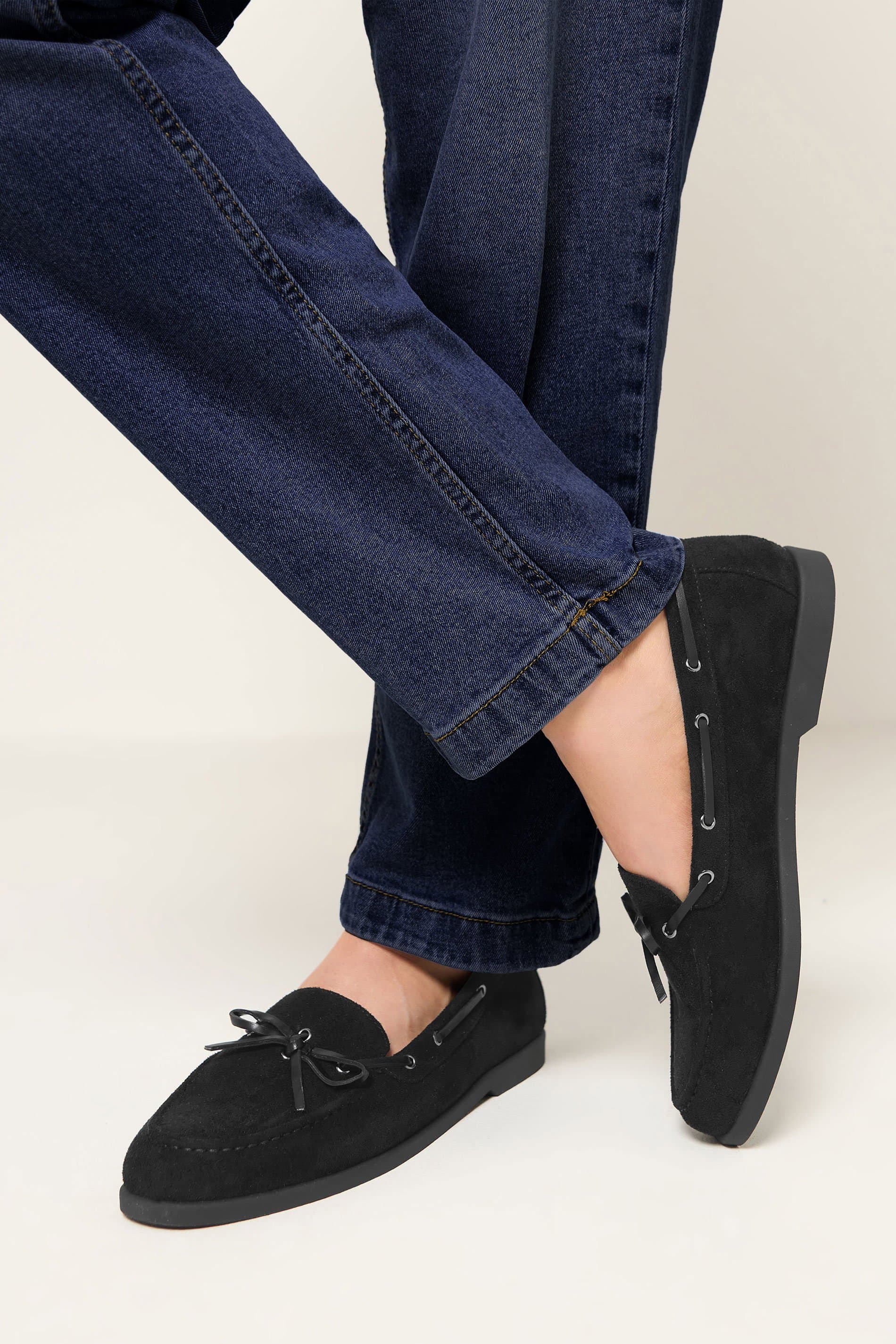Yours Black Faux Suede Bow Boat Shoes In Wide E Fit & Extra Wide Eee Fit