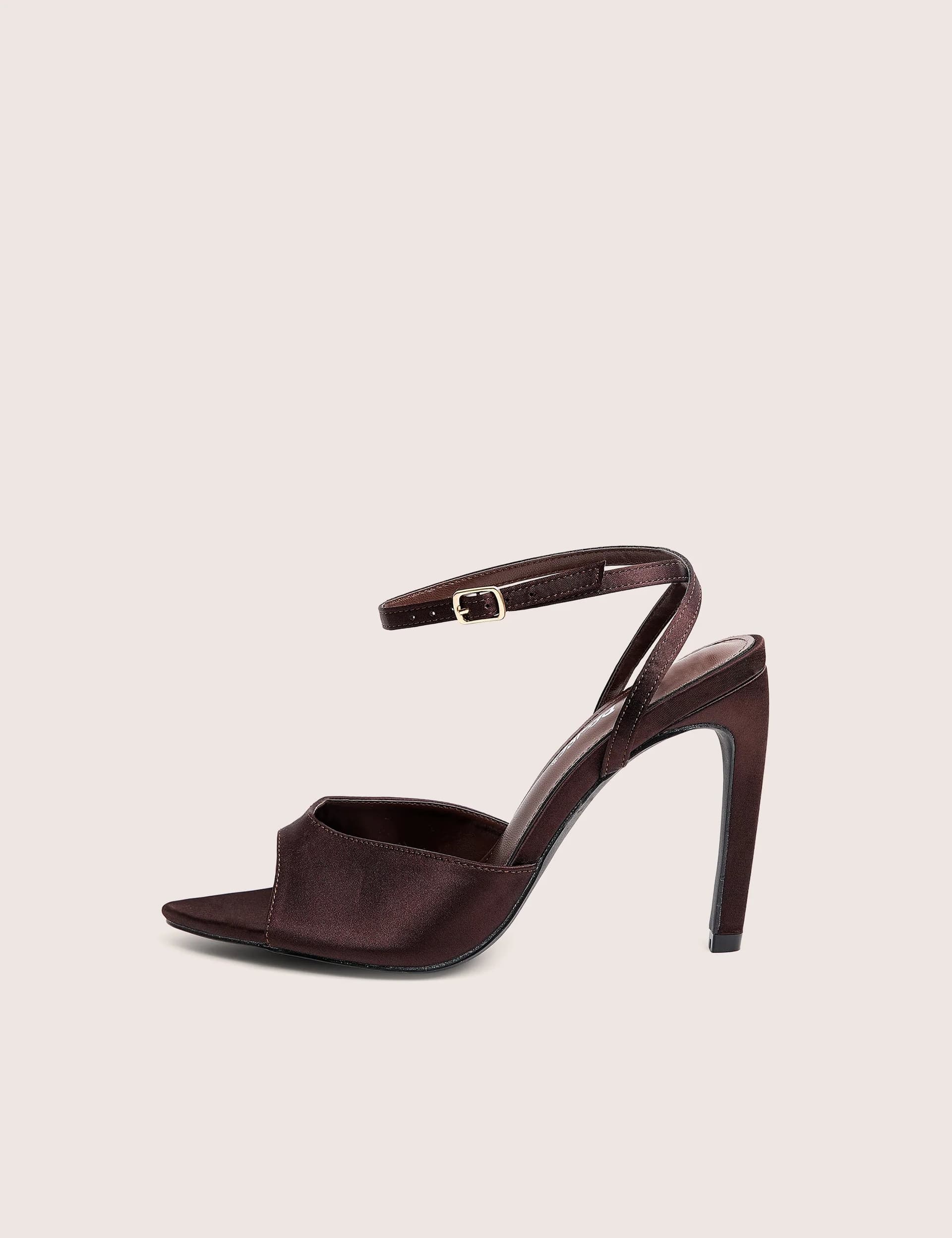 Public Desire Caught On Chocolate Satin Peep Toe Curved High Heels