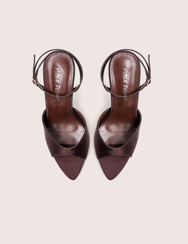 Public Desire Caught On Chocolate Satin Peep Toe Curved High Heels - 2