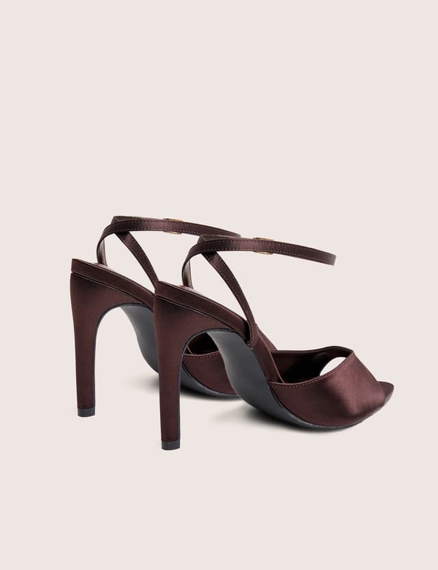 Public Desire Caught On Chocolate Satin Peep Toe Curved High Heels - 3