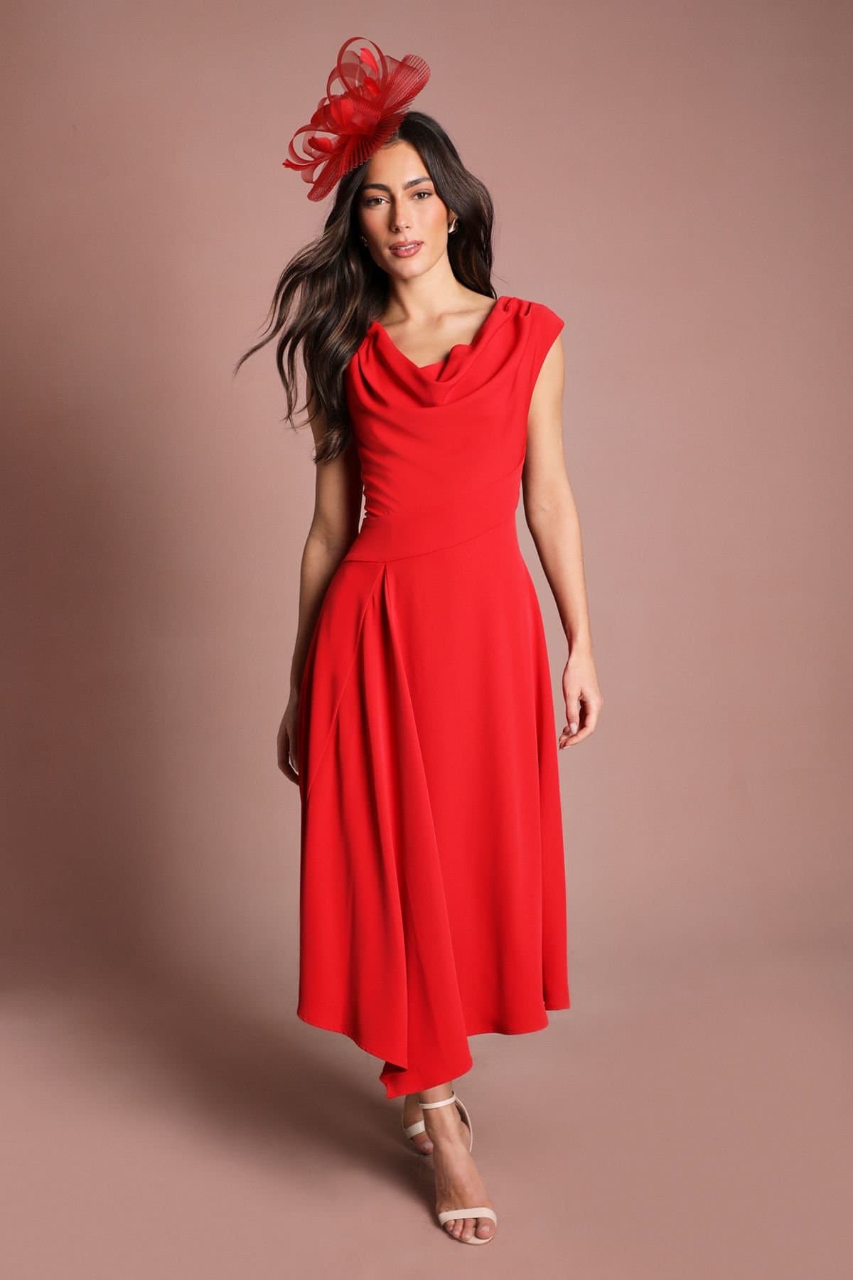Coast Coast Women's Off The Shoulder Asymmetric Lightweight Crepe Midi Dress in Flame Red