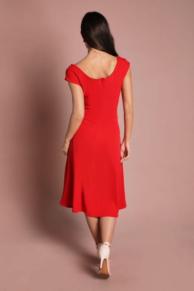 Coast Coast Women's Off The Shoulder Asymmetric Lightweight Crepe Midi Dress in Flame Red - 3