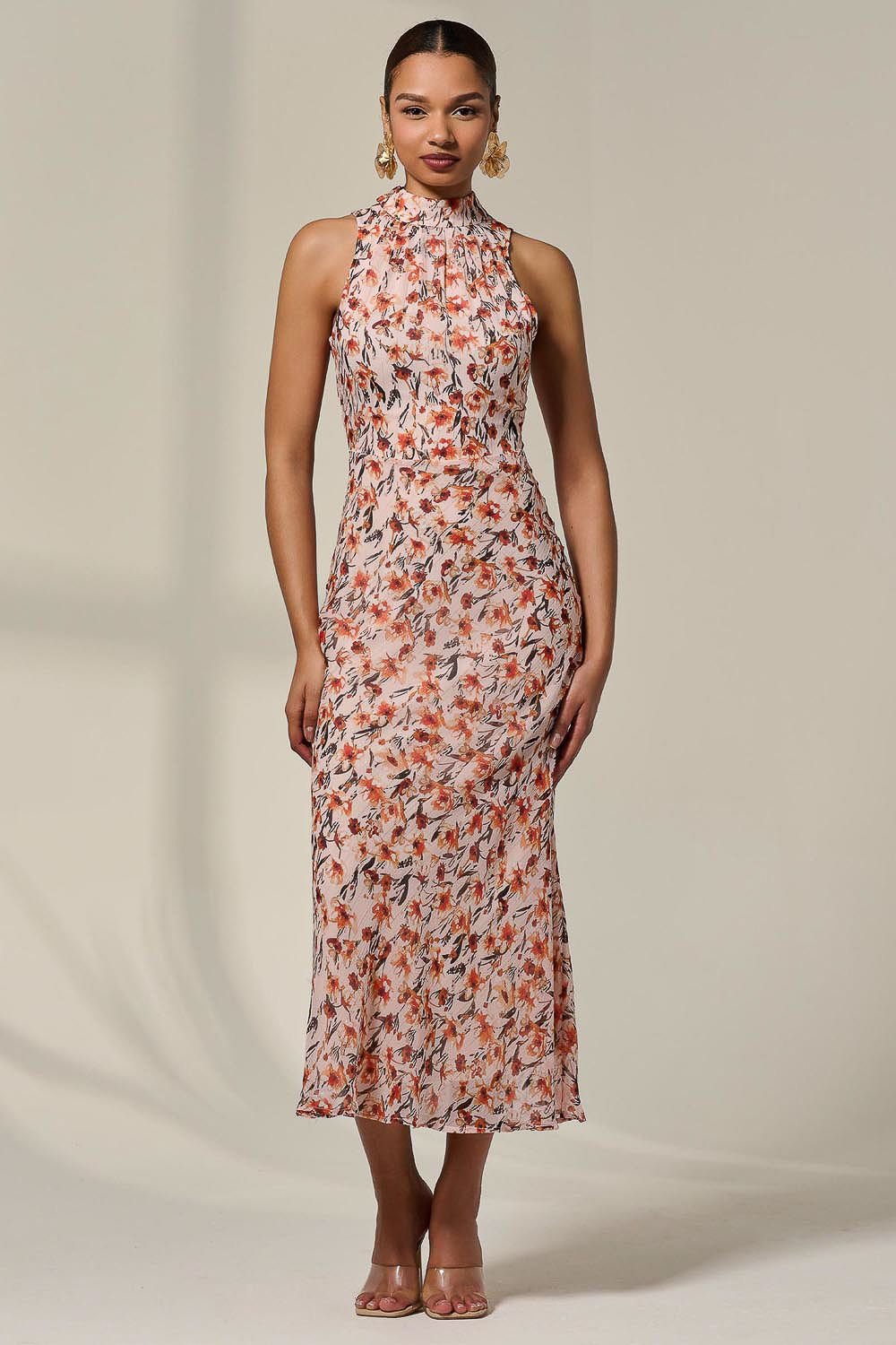 Jolie Moi Jolie Moi Women's Chiffon Halterneck Printed Midaxi Dress in Pale Orange - 2