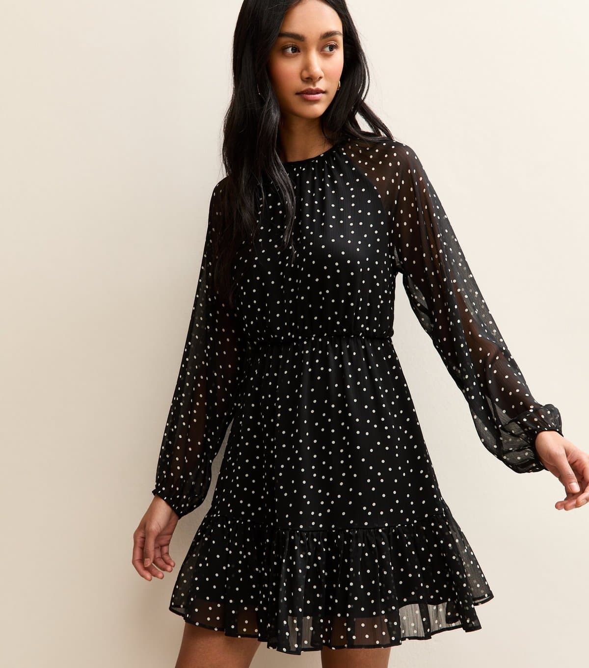 New Look Women's Black Chiffon Polka Dot Long Sleeve Mini Dress New Look