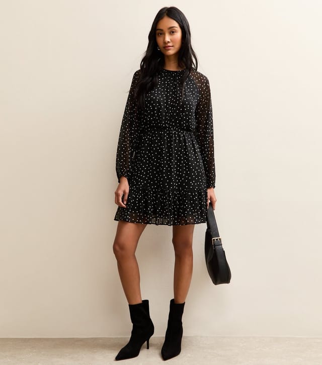 New Look Women's Black Chiffon Polka Dot Long Sleeve Mini Dress New Look - 3
