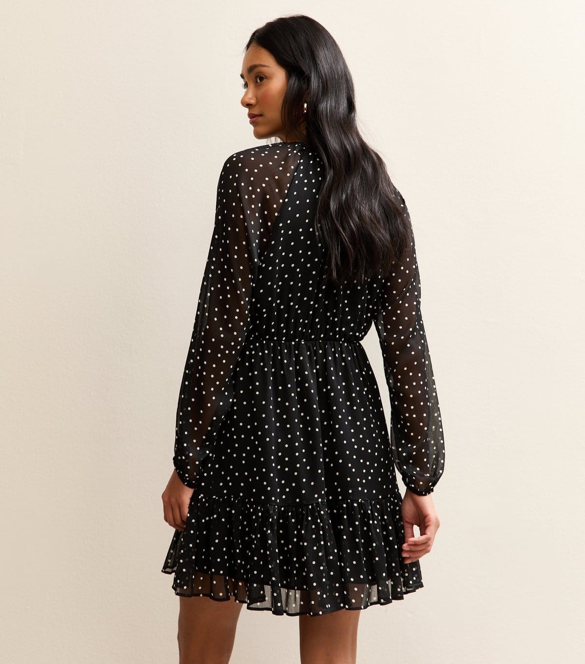 New Look Women's Black Chiffon Polka Dot Long Sleeve Mini Dress New Look - 4