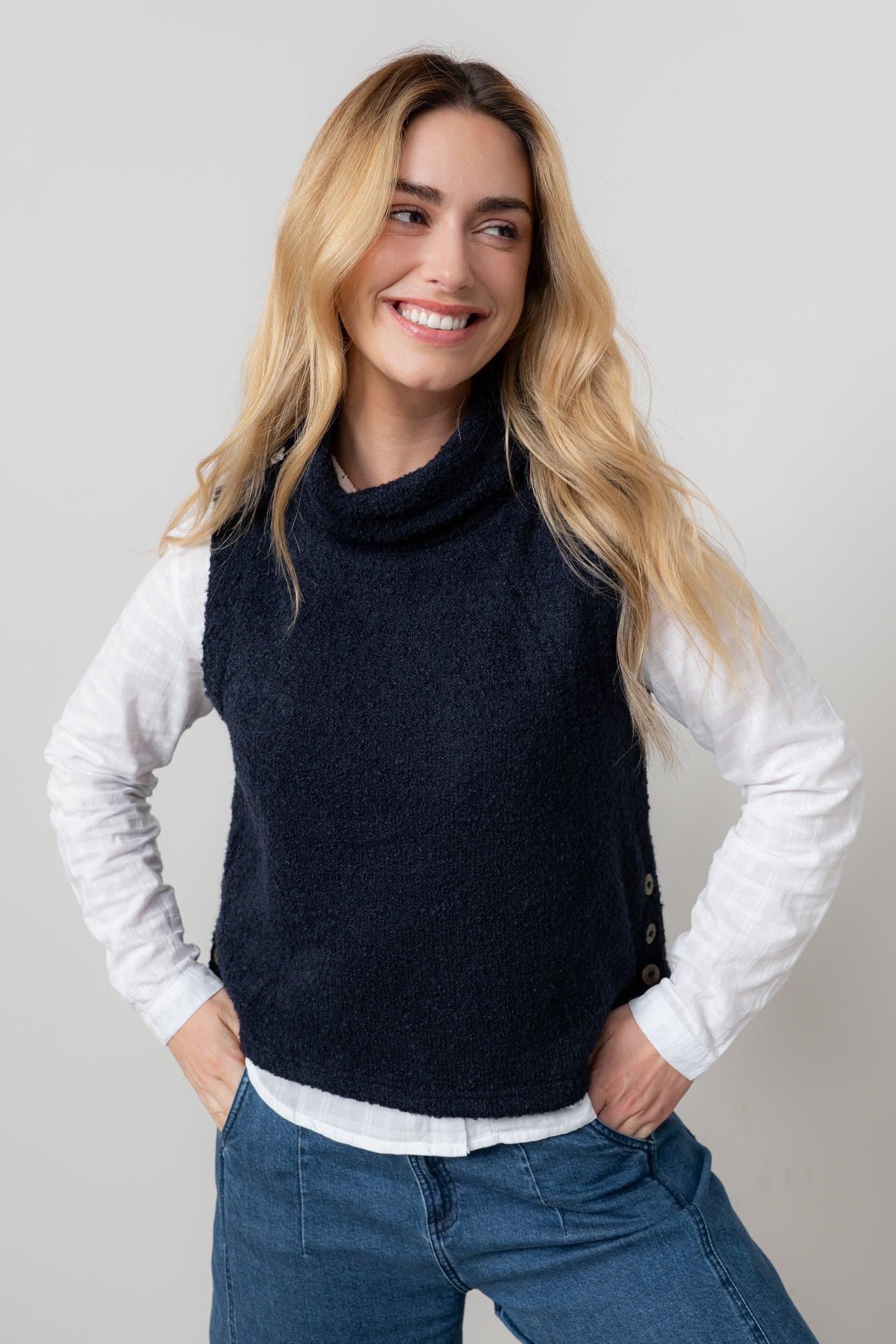Lily & Me Lily & Me Women's Bramble Boucle Knit Sleeveless Cowl Neck Tank Top in Navy