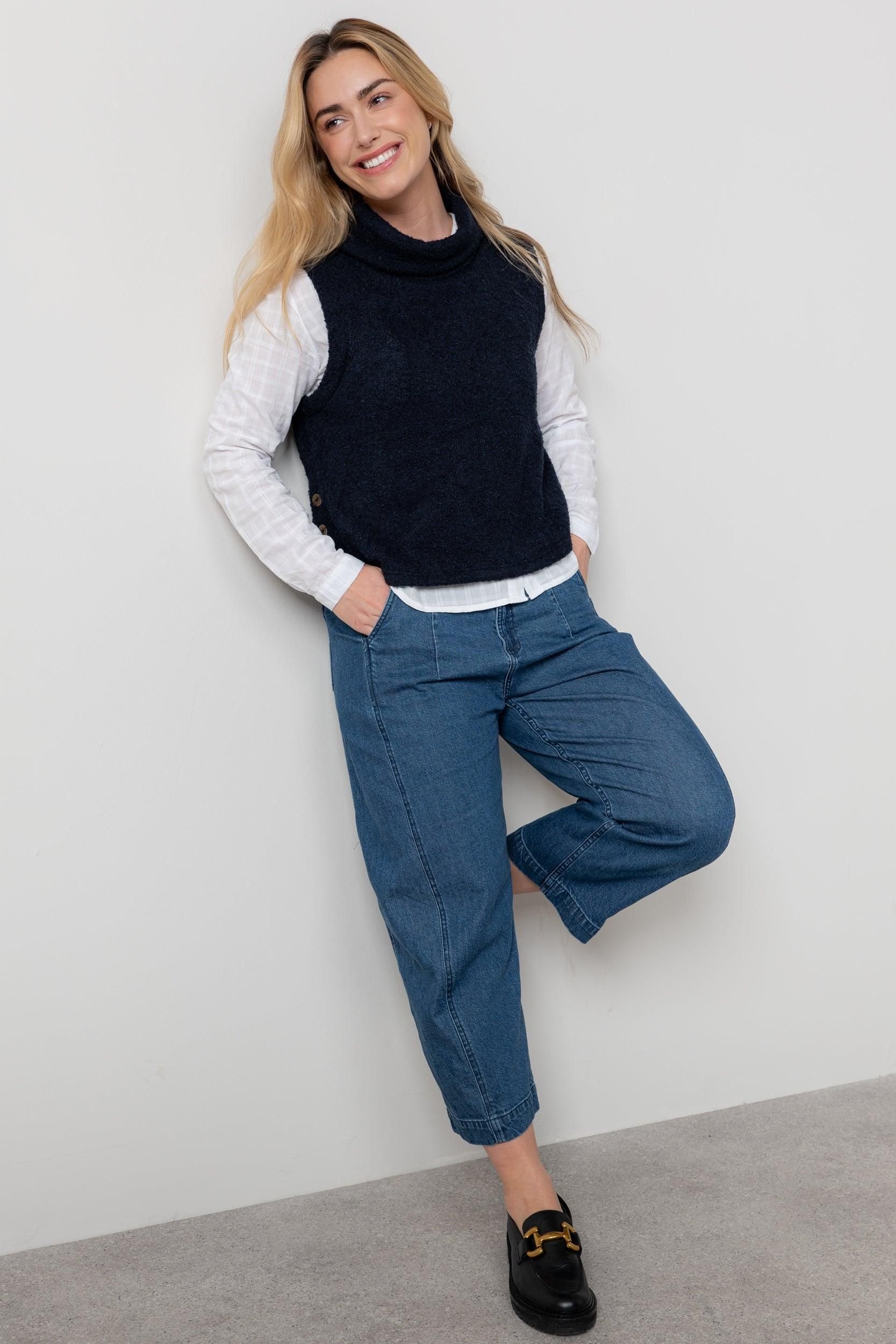 Lily & Me Lily & Me Women's Bramble Boucle Knit Sleeveless Cowl Neck Tank Top in Navy - 2