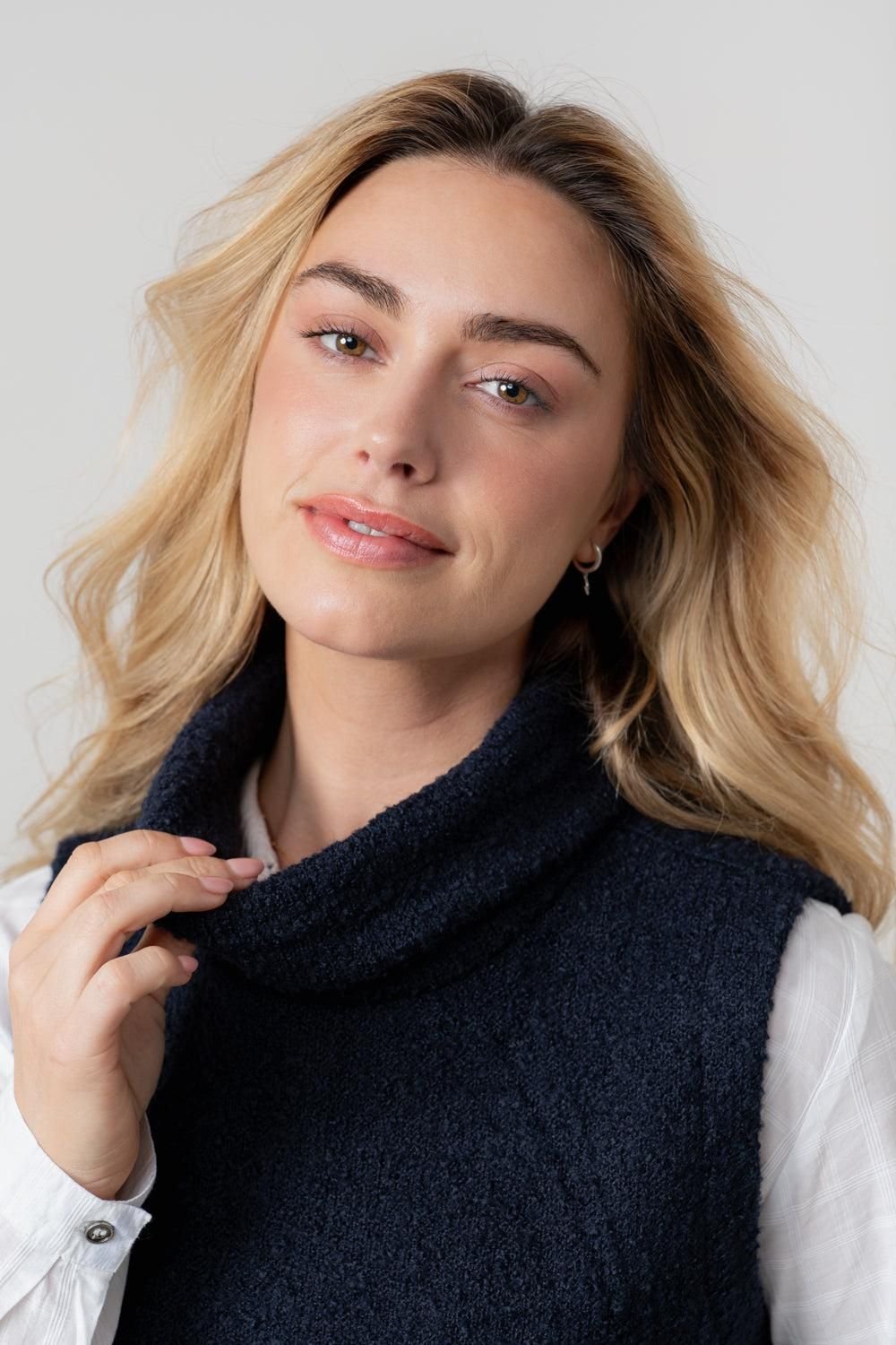 Lily & Me Lily & Me Women's Bramble Boucle Knit Sleeveless Cowl Neck Tank Top in Navy - 3