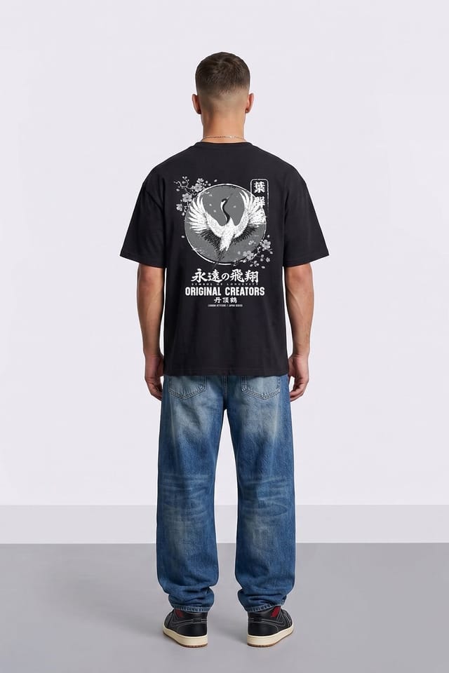 LONDON ATTITUDE LONDON ATTITUDE Men's Japanese Crane Oversized Heavyweight Back Print T-Shirt in Black - 3