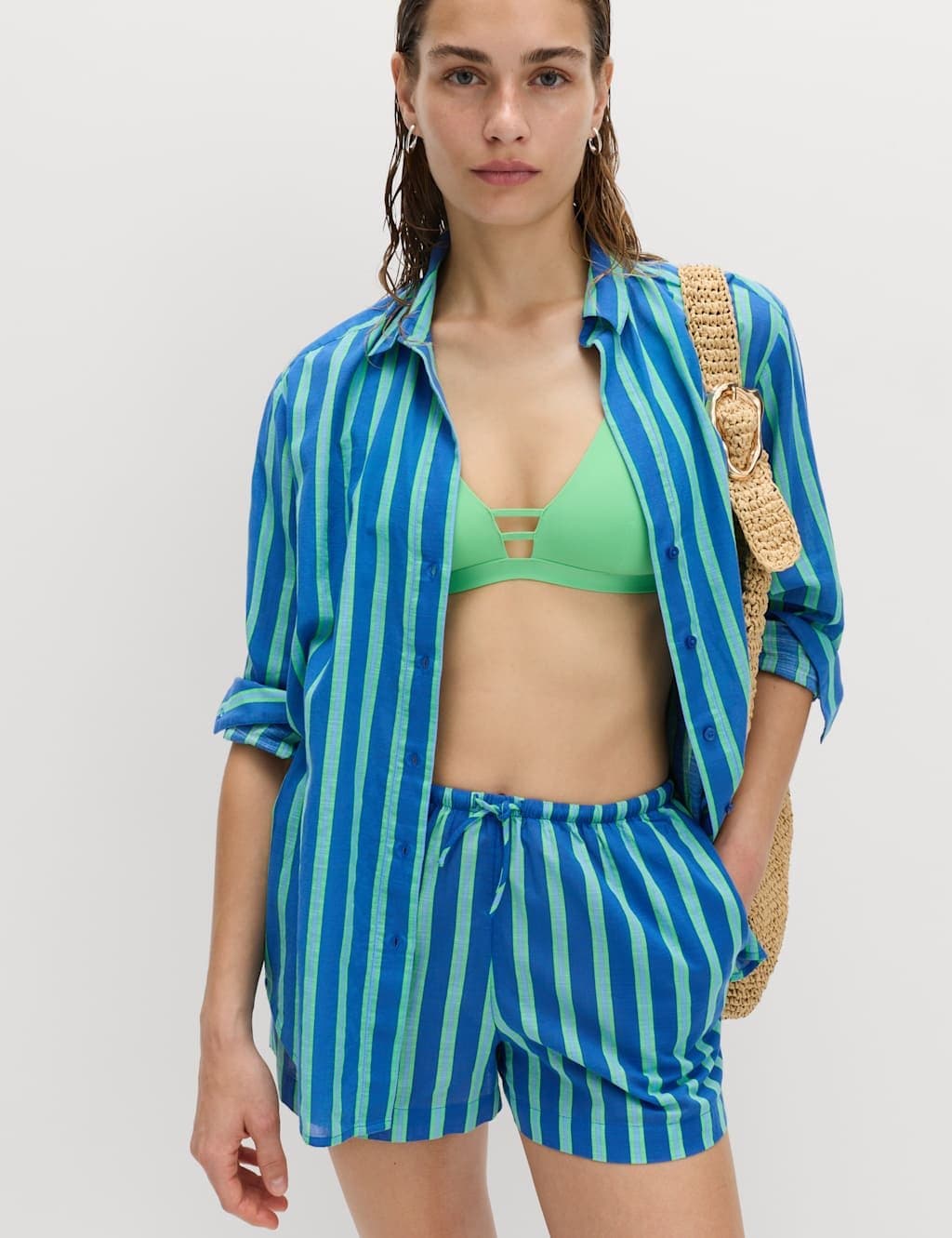 Marks & Spencer M&S Blue Striped Cotton Long Sleeve Beach Shirt