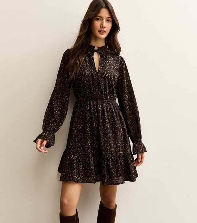 New Look Women's Brown Animal Print Tie Neck Mini Dress New Look - 2