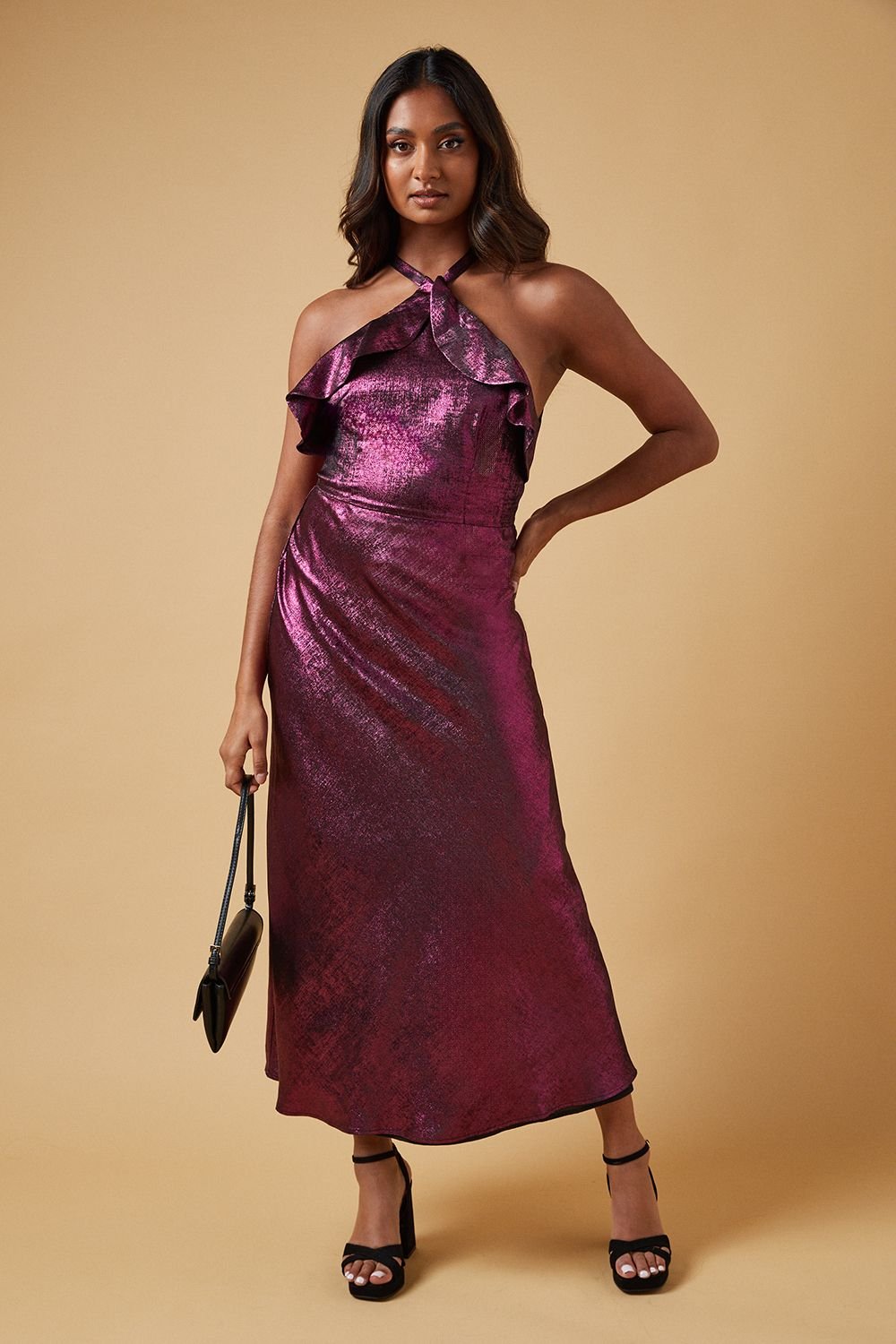 Oasis Oasis Women's Foil Halterneck Ruffle Foil Midaxi Dress in Pink - 2