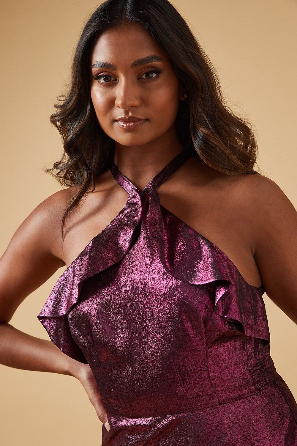 Oasis Oasis Women's Foil Halterneck Ruffle Foil Midaxi Dress in Pink - 4