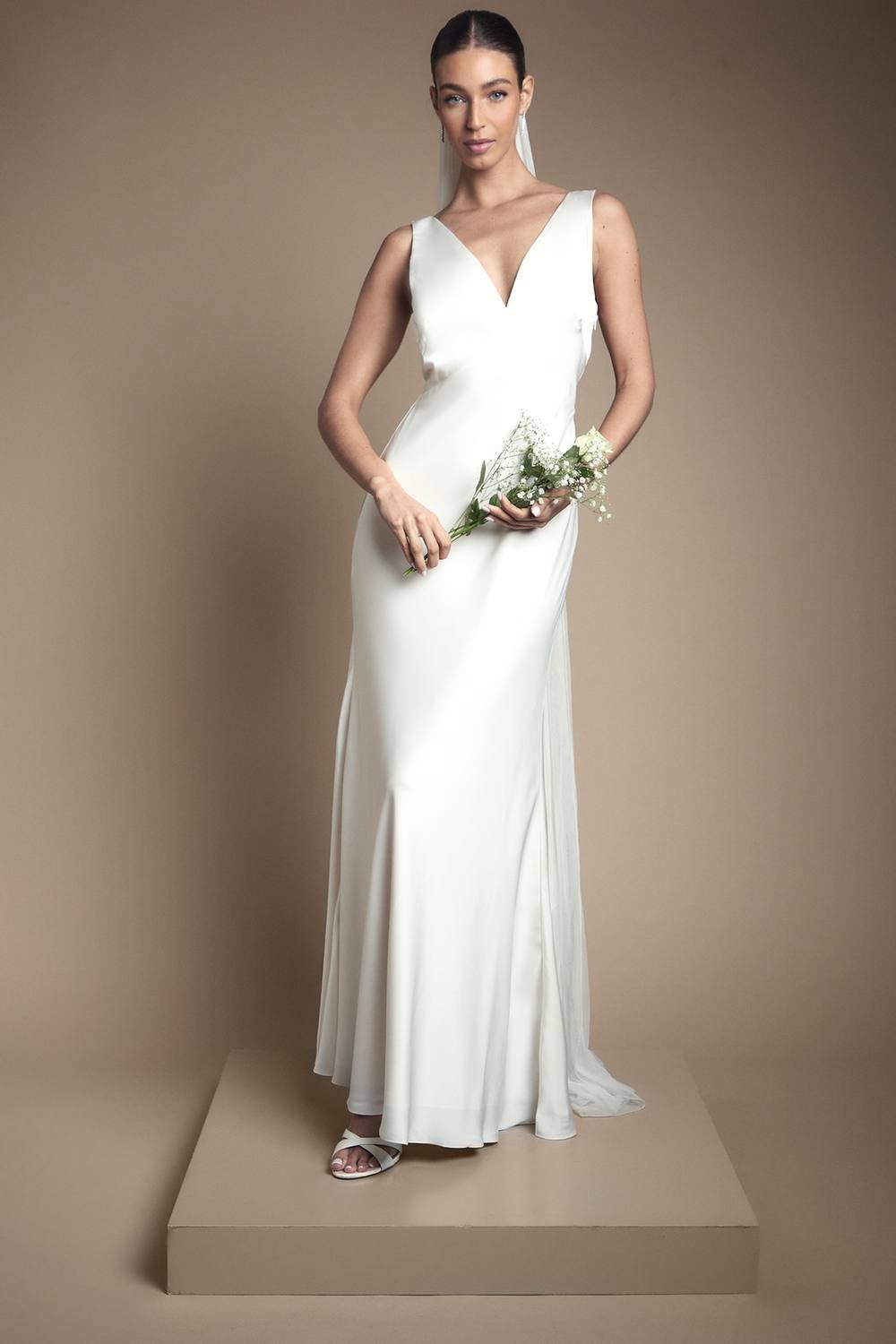 Coast Coast Women's Satin V Neck Maxi Wedding Dress with Back Sash Detail in Ivory - 2