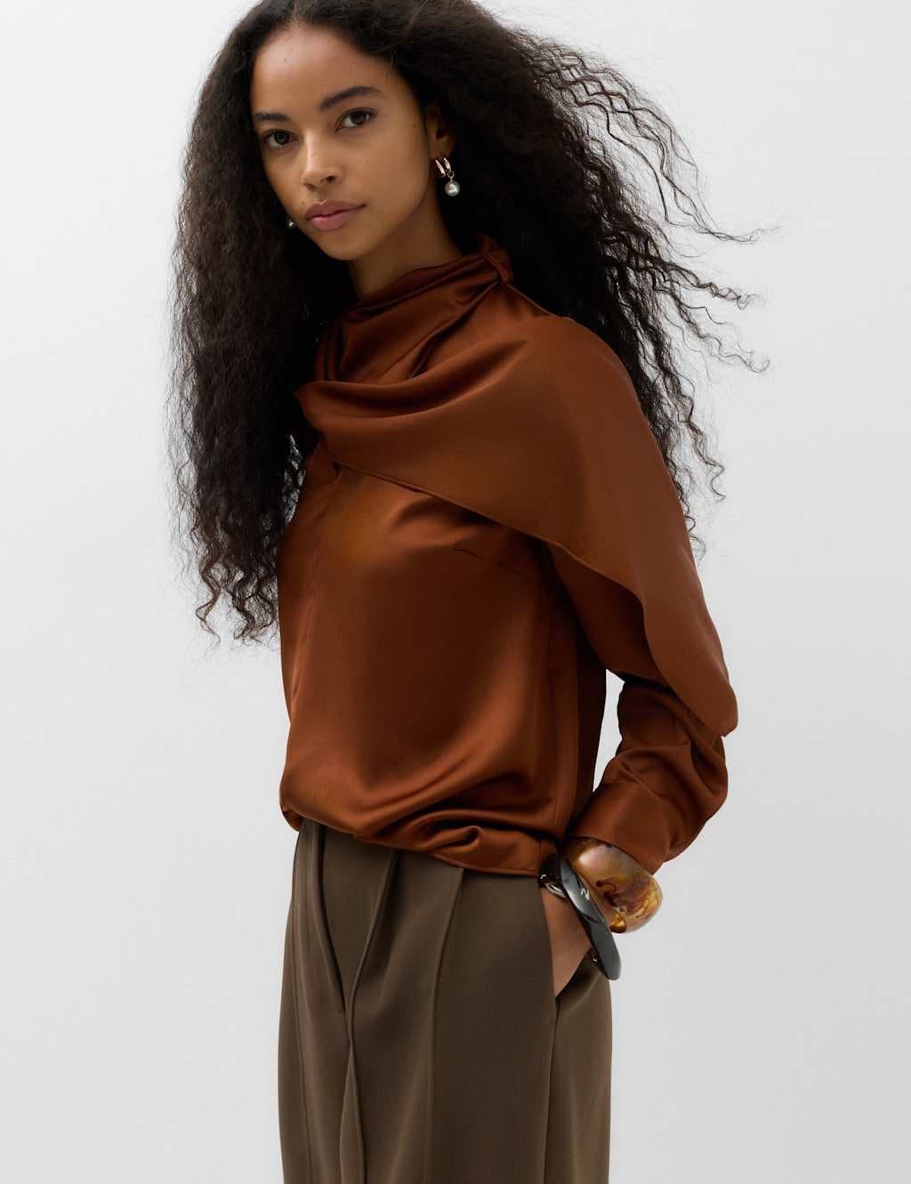 Marks & Spencer M&S Satin Scarf Neck Blouse Cognac