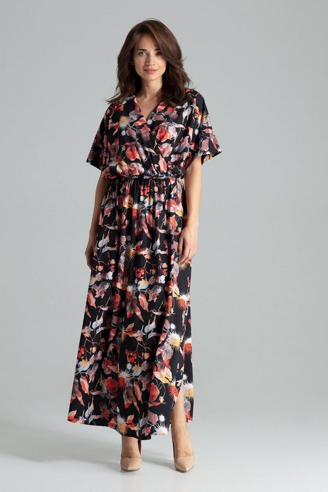 Love Lace Love Lace Women's Long Floral Kimono Sleeve Dress with Slits in Black - 1