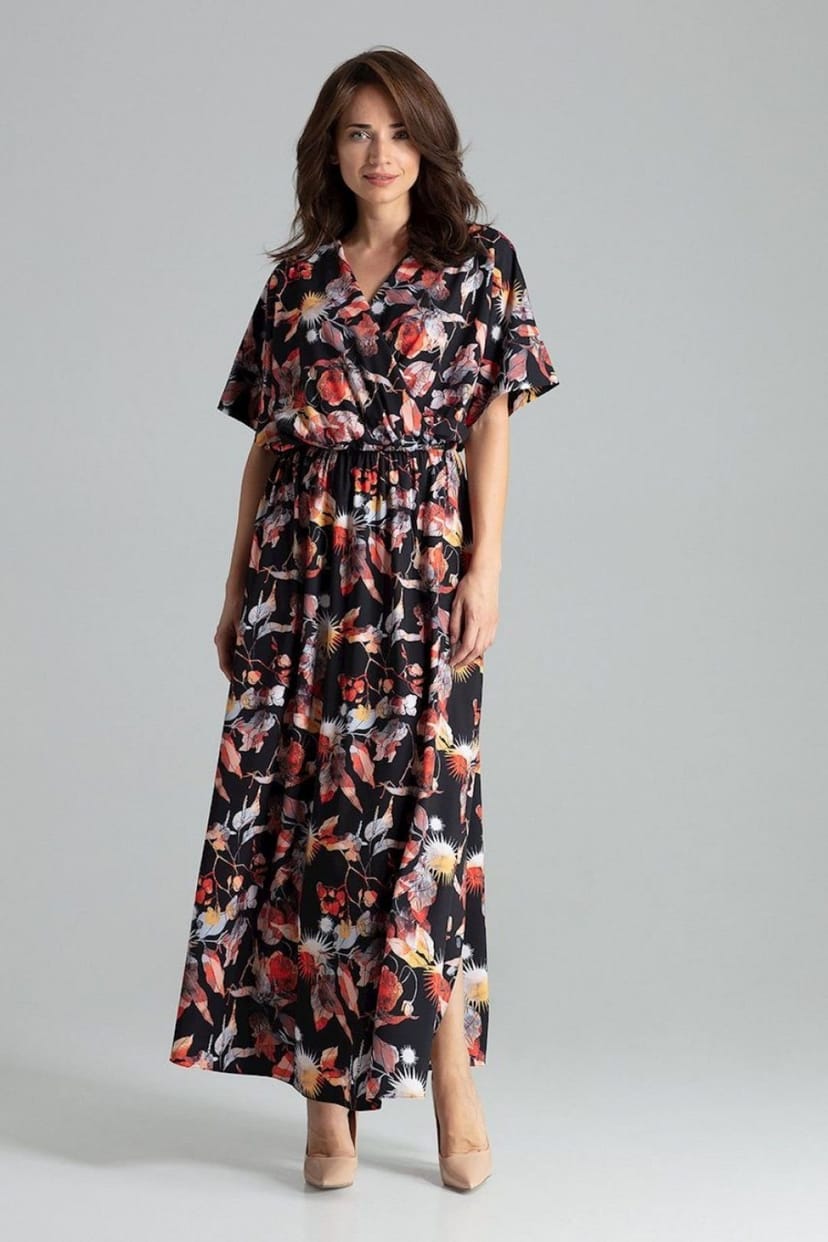 Love Lace Love Lace Women's Long Floral Kimono Sleeve Dress with Slits in Black - 1