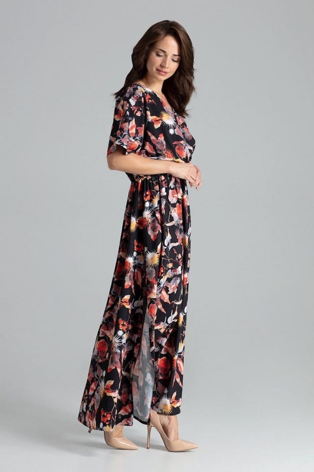 Love Lace Love Lace Women's Long Floral Kimono Sleeve Dress with Slits in Black - 2