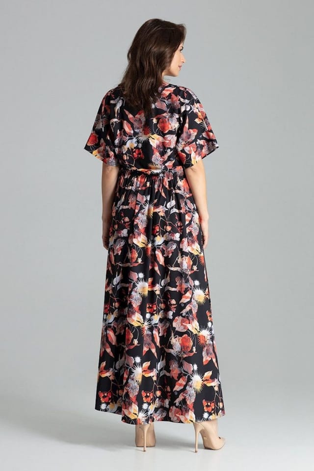 Love Lace Love Lace Women's Long Floral Kimono Sleeve Dress with Slits in Black - 3