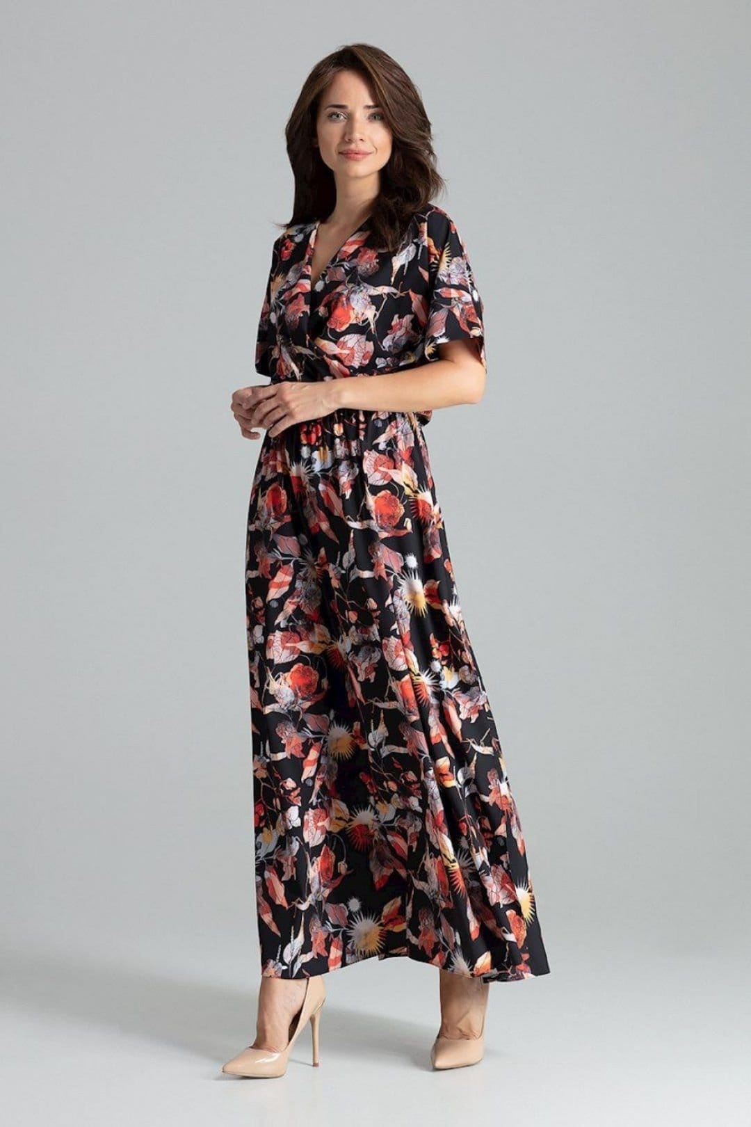 Love Lace Love Lace Women's Long Floral Kimono Sleeve Dress with Slits in Black - 4