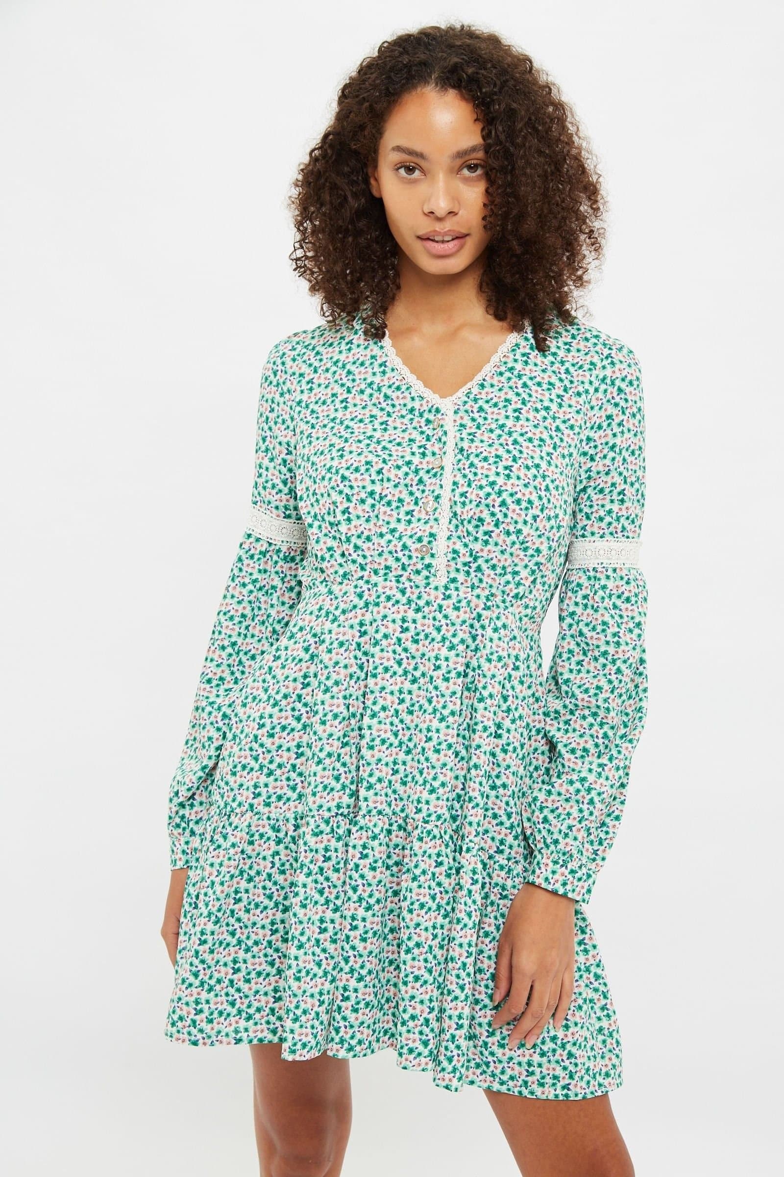 Louche Louche Women's Noomi Mint Blossom Print V Neck Long Sleeve Mini Dress in Green