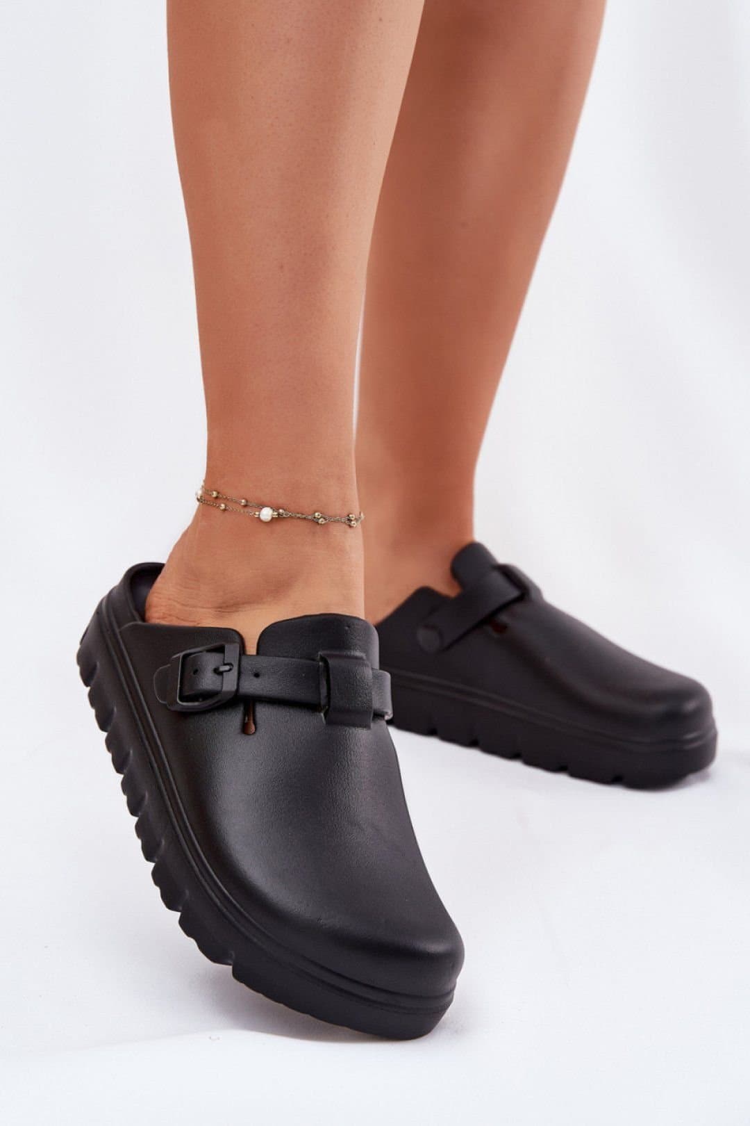 Love Lace Love Lace Women's Comfort Foam Platform Clogs With Adjustable Strap Buckle in Black