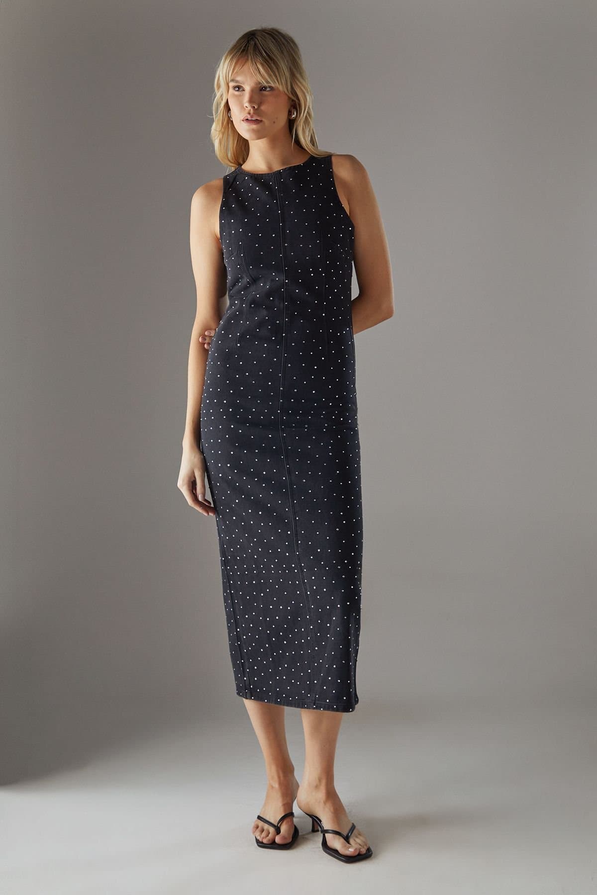 Warehouse Warehouse Women's Denim All Over Hot Fix Sleeveless Fitted Midi Dress in Washed Black