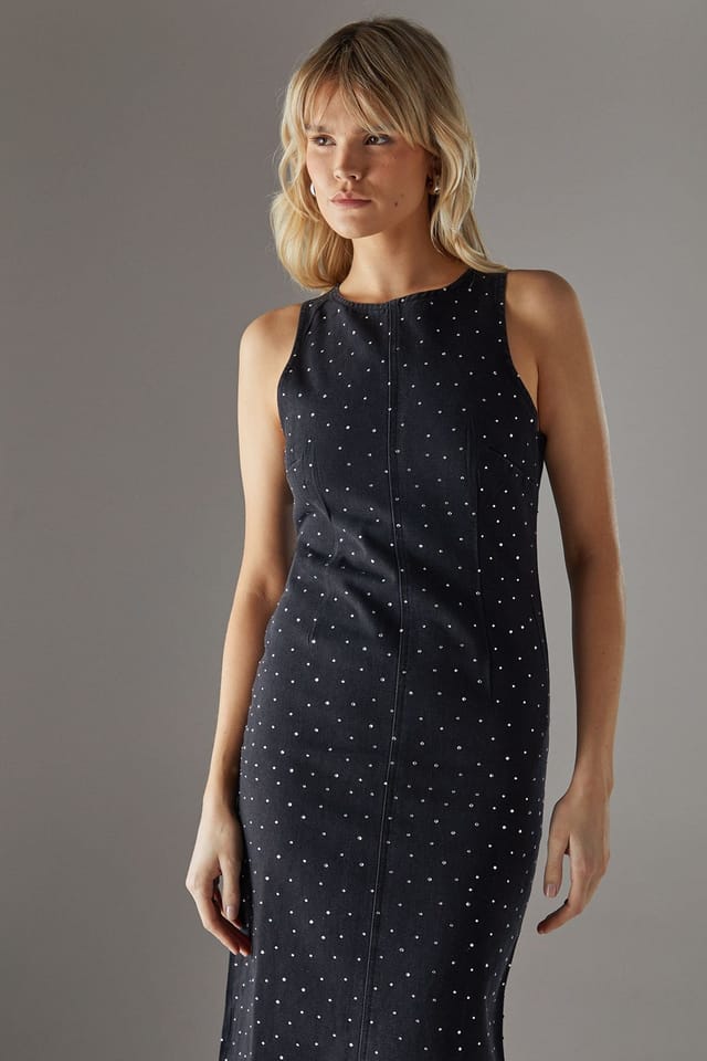 Warehouse Warehouse Women's Denim All Over Hot Fix Sleeveless Fitted Midi Dress in Washed Black - 2