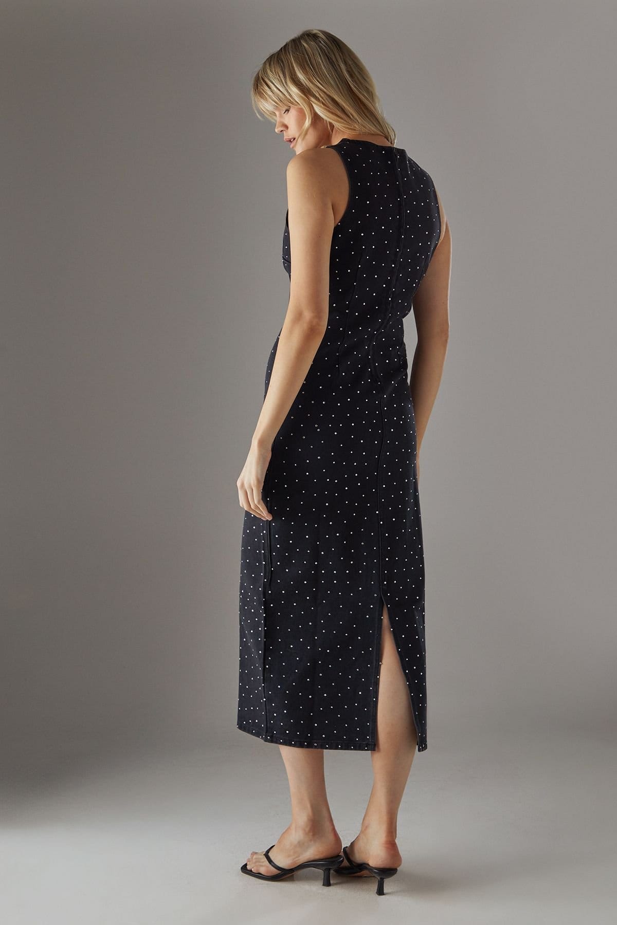 Warehouse Warehouse Women's Denim All Over Hot Fix Sleeveless Fitted Midi Dress in Washed Black - 4