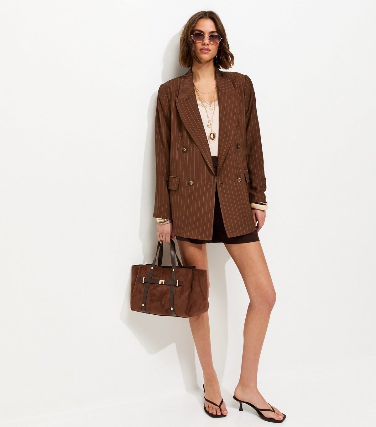 New Look Women's Brown Pinstripe Double Breasted Blazer New Look - 4