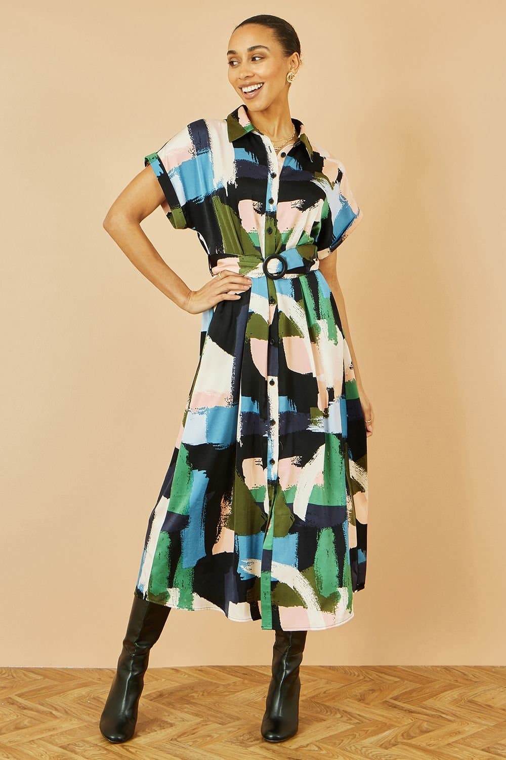Yumi Yumi Women's Blue Brushstroke Print Relaxed Midi shirt Dress