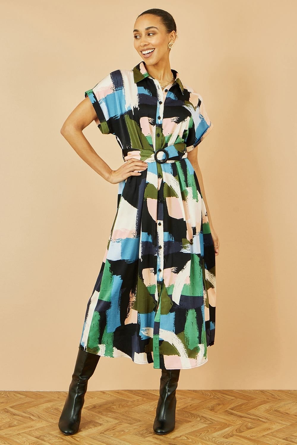 Yumi Blue Brushstroke Print Relaxed Midi Shirt Dress