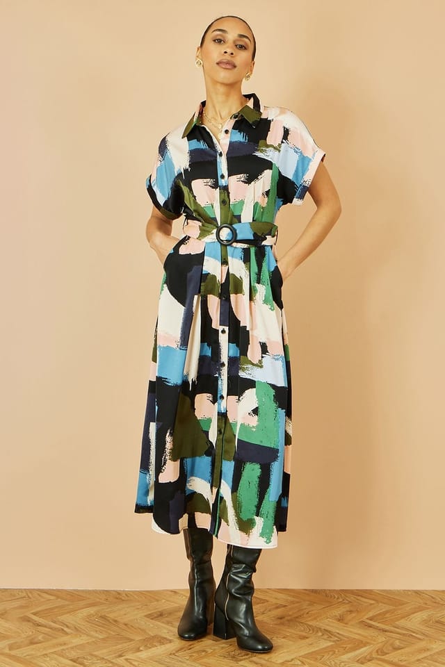 Yumi Yumi Women's Blue Brushstroke Print Relaxed Midi shirt Dress - 3