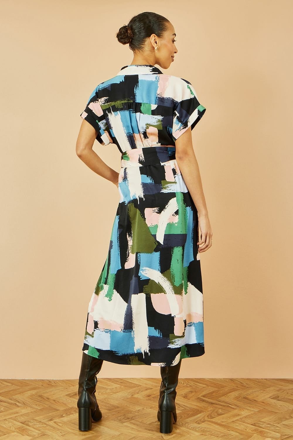 Yumi Yumi Women's Blue Brushstroke Print Relaxed Midi shirt Dress - 4
