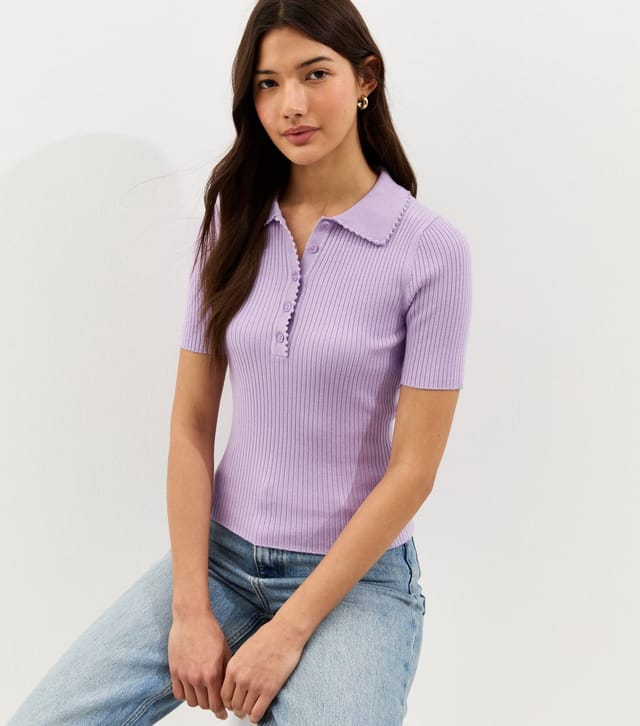 New Look Women's Lilac Ribbed Short Sleeve Polo Top New Look - 2