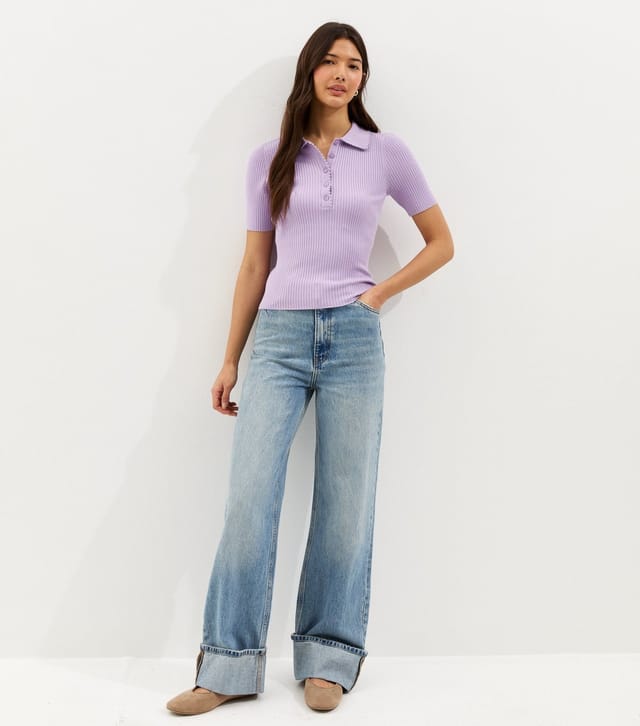 New Look Women's Lilac Ribbed Short Sleeve Polo Top New Look - 3