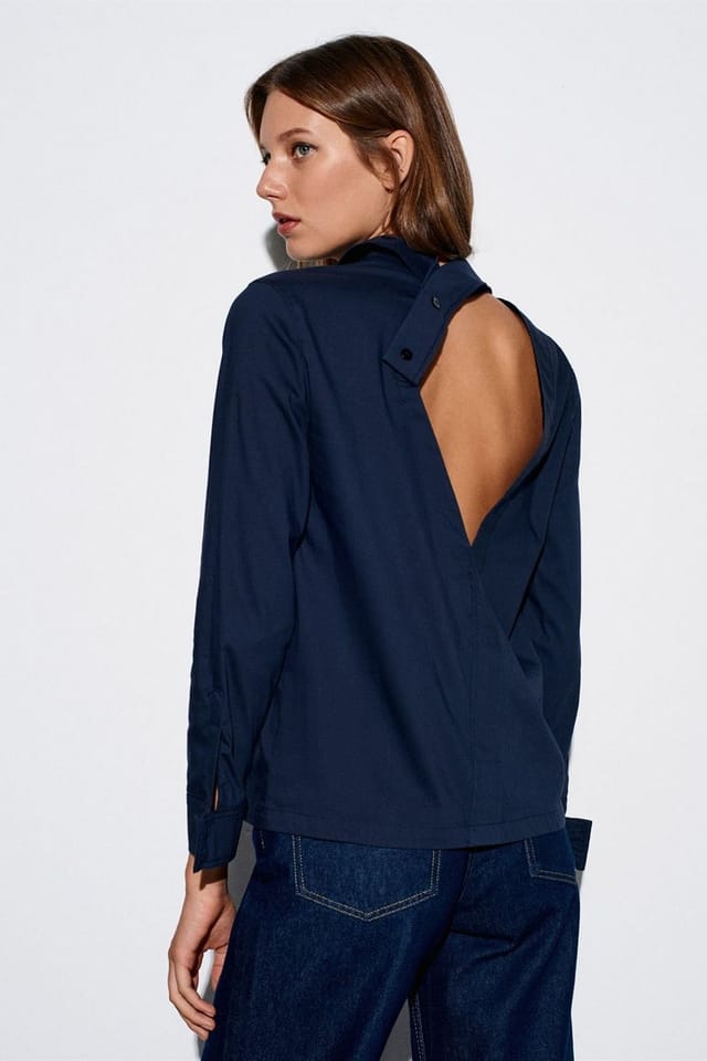 Dilvin Dilvin Women's Cut-Out Long-Sleeve Shirt in Navy - 2