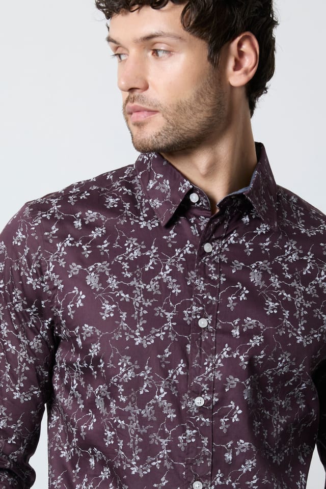 Maine Maine Men's Burgundy Floral Print Long Sleeve Shirt - 2