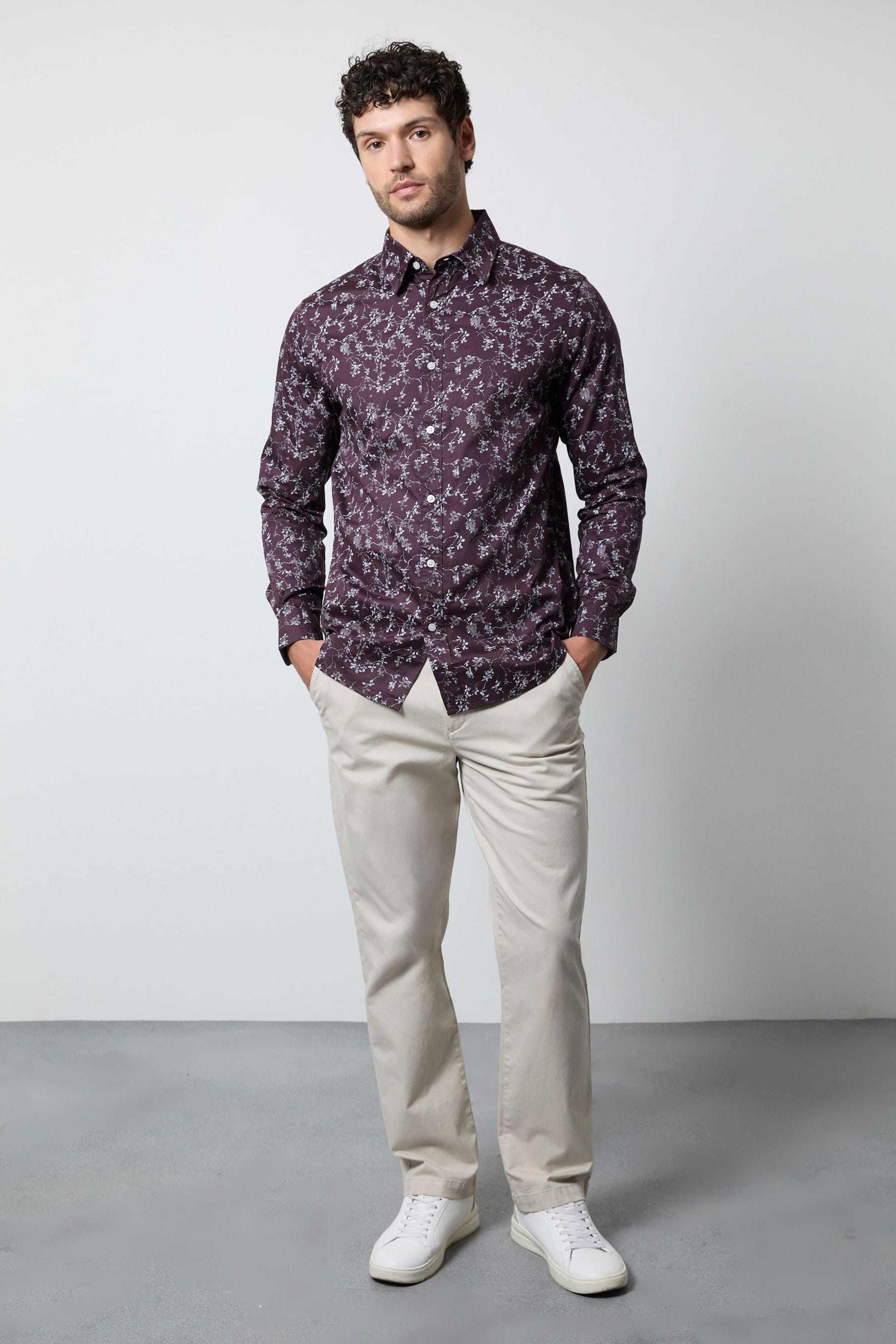 Maine Maine Men's Burgundy Floral Print Long Sleeve Shirt - 4