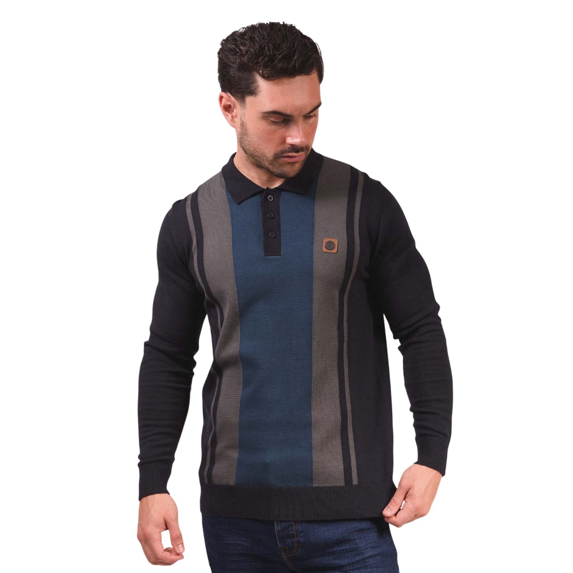 Lambretta Lambretta Men's AW25 Vintage Panelled Long-Sleeved Polo Shirt in Navy - 4