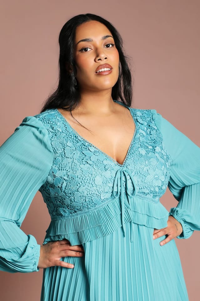 Coast Coast Women's Plus Lace Insert Long Sleeve Pleat Dress in Teal - 2