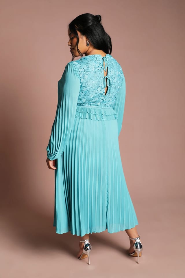 Coast Coast Women's Plus Lace Insert Long Sleeve Pleat Dress in Teal - 3