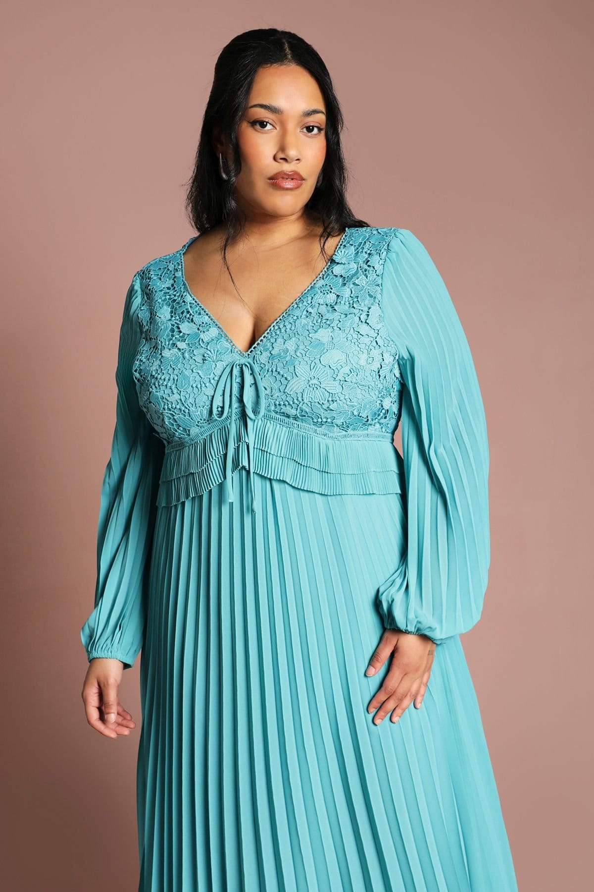 Coast Coast Women's Plus Lace Insert Long Sleeve Pleat Dress in Teal - 4