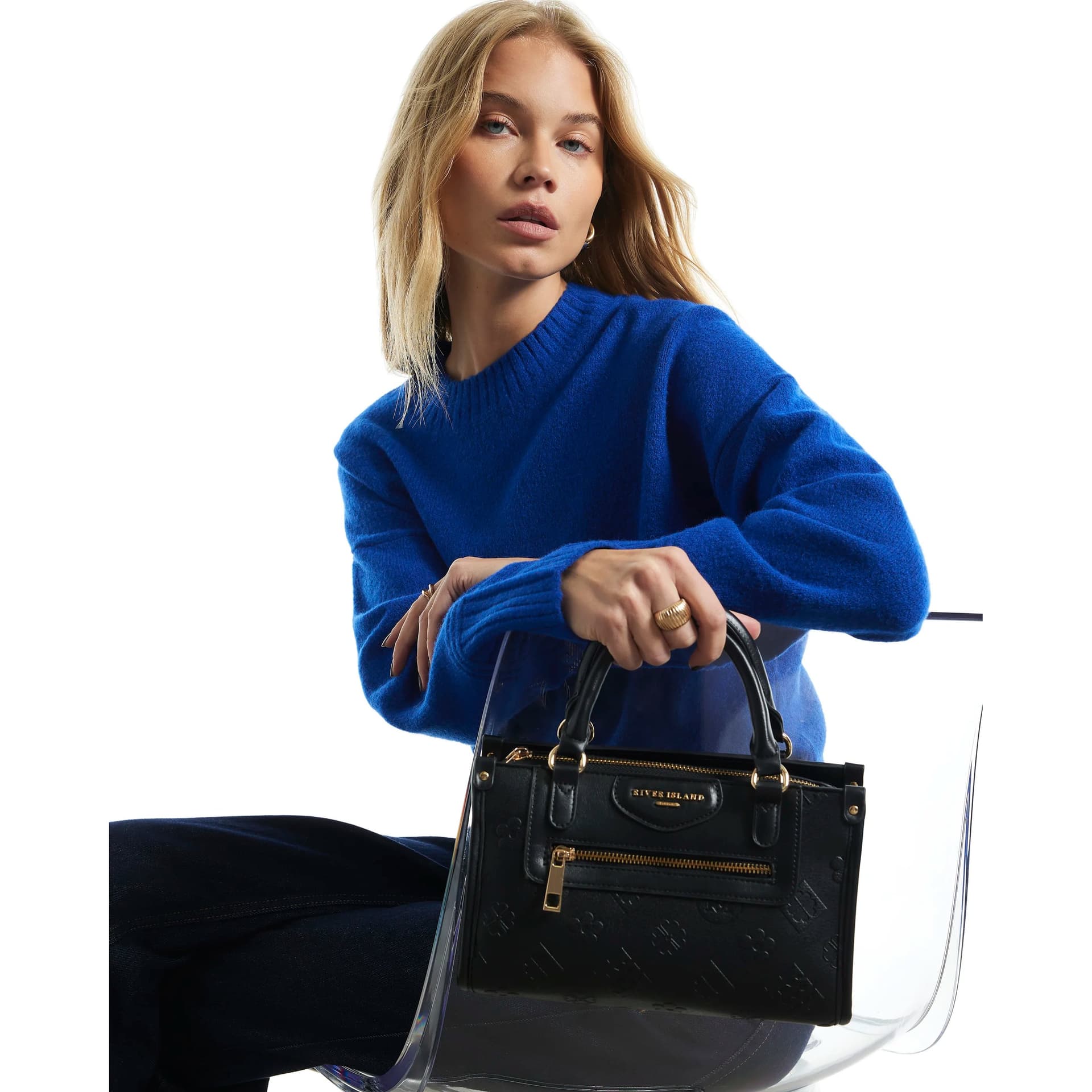 River Island River Island Womens Black Embossed Monogram Crossbody Bag
