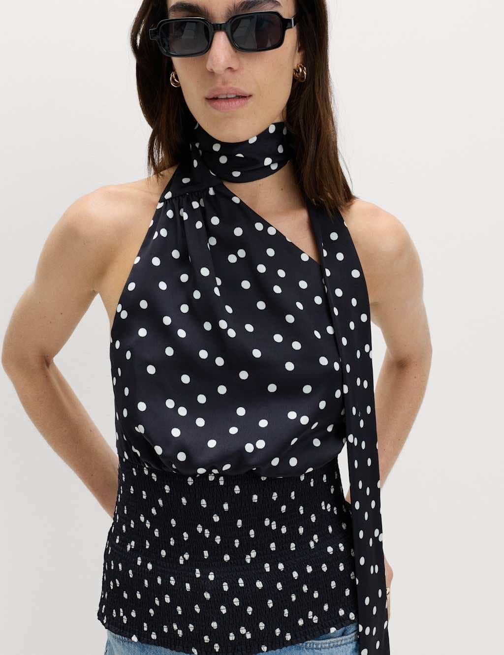 Marks & Spencer M&S Satin Scarf Detail Shirred Top Black Mix