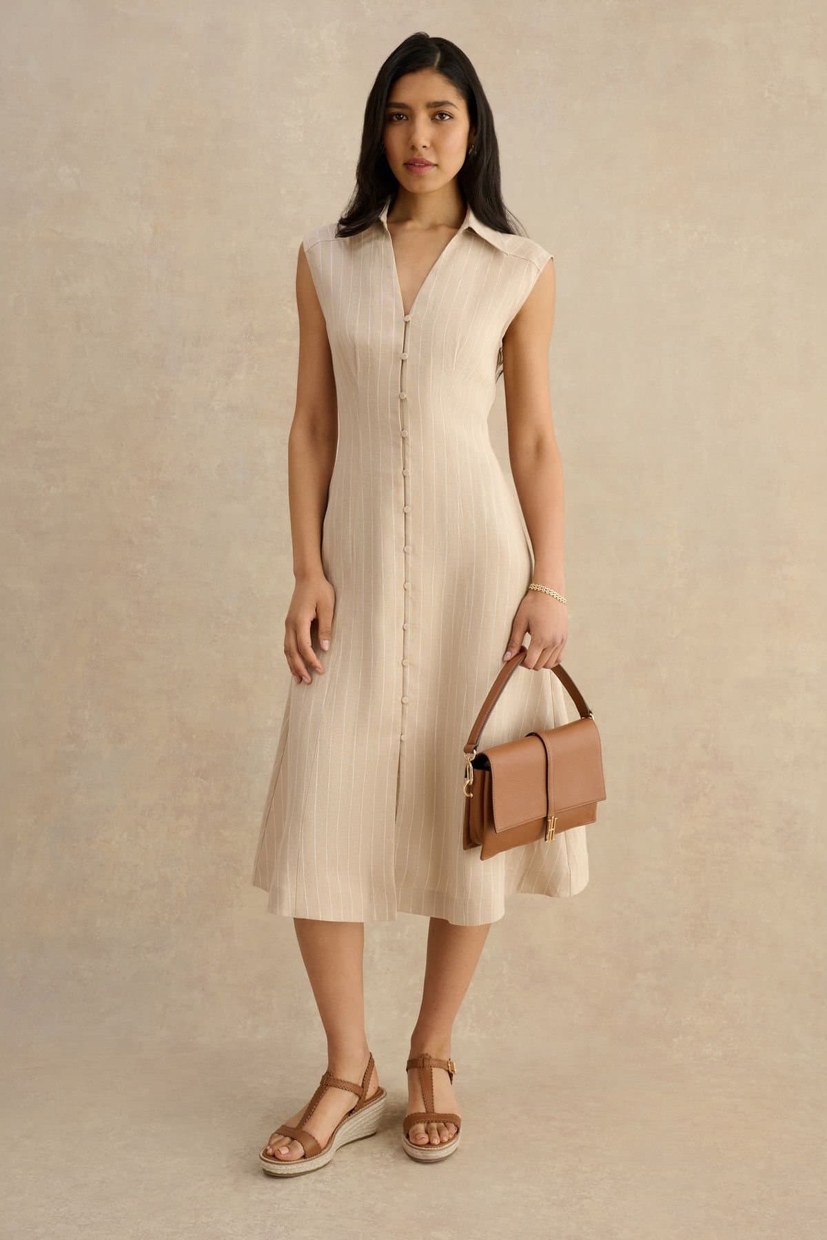 Hobbs London Hobbs London Women's Charlize Button-Front Collared Dress in Light Beige