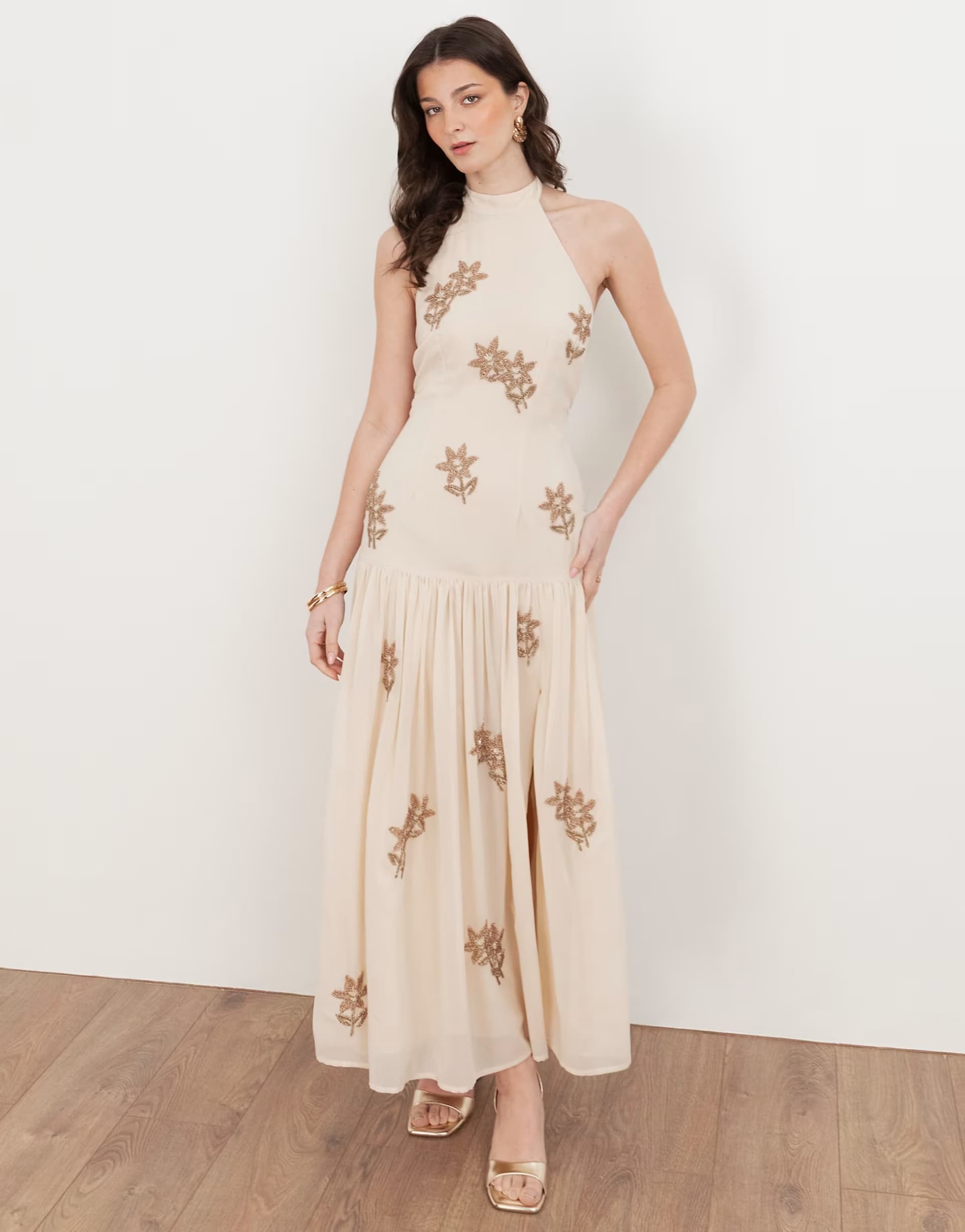 ASOS Maya Embellished drop waist halter neck midaxi dress in vanilla