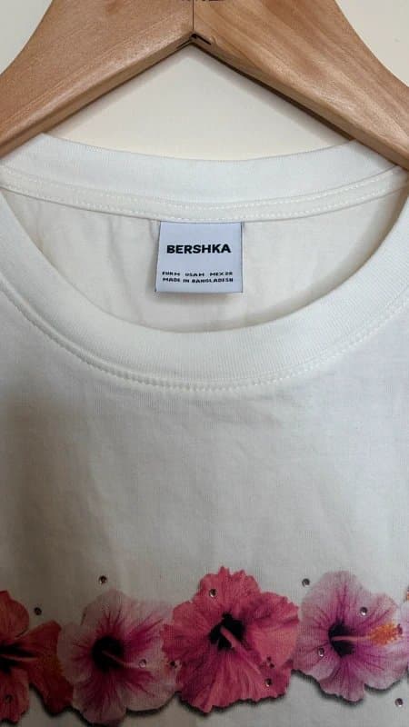 Bershka Bershka Women’s White Pink Floral Crew Neck Stretch Jersey T-Shirt size M